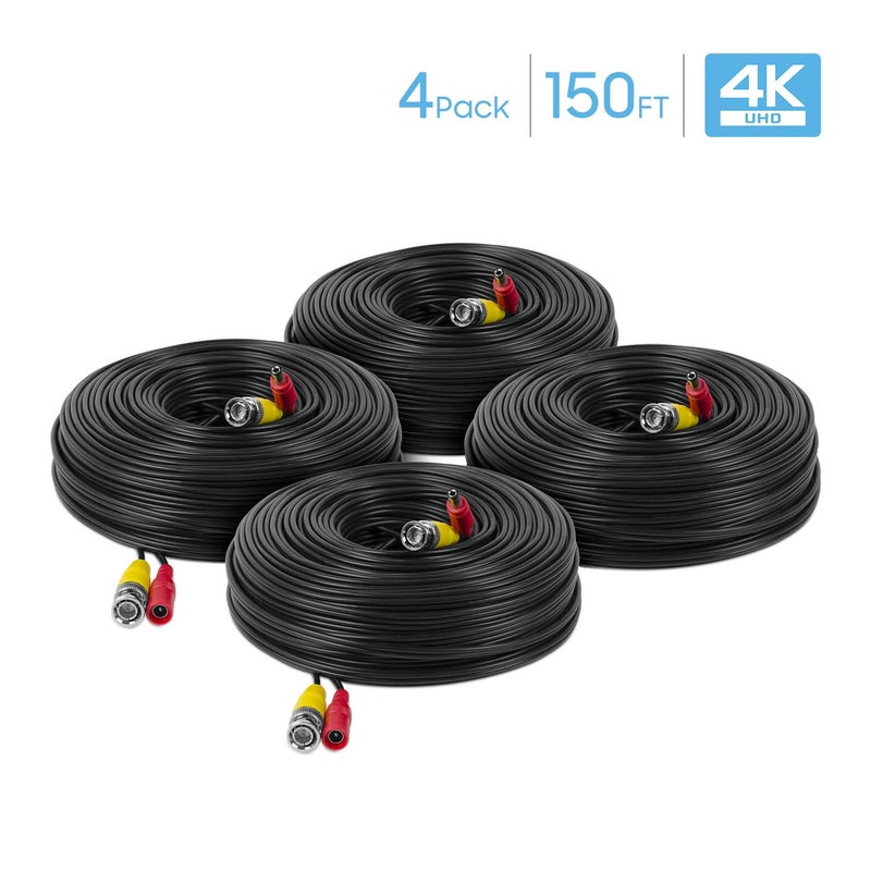 Amcrest 4-Pack 4K Security Camera Cable - 150FT BNC, All-in-One Video & Power for HDCVI, HDTVI, Analog, DVR (4PACK-SCABLE4K150B-PP) - Image 1